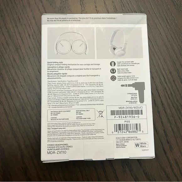 NWB Sony MDR-ZX110 Wired Stereo Headphones (White) - Picture 3 of 6